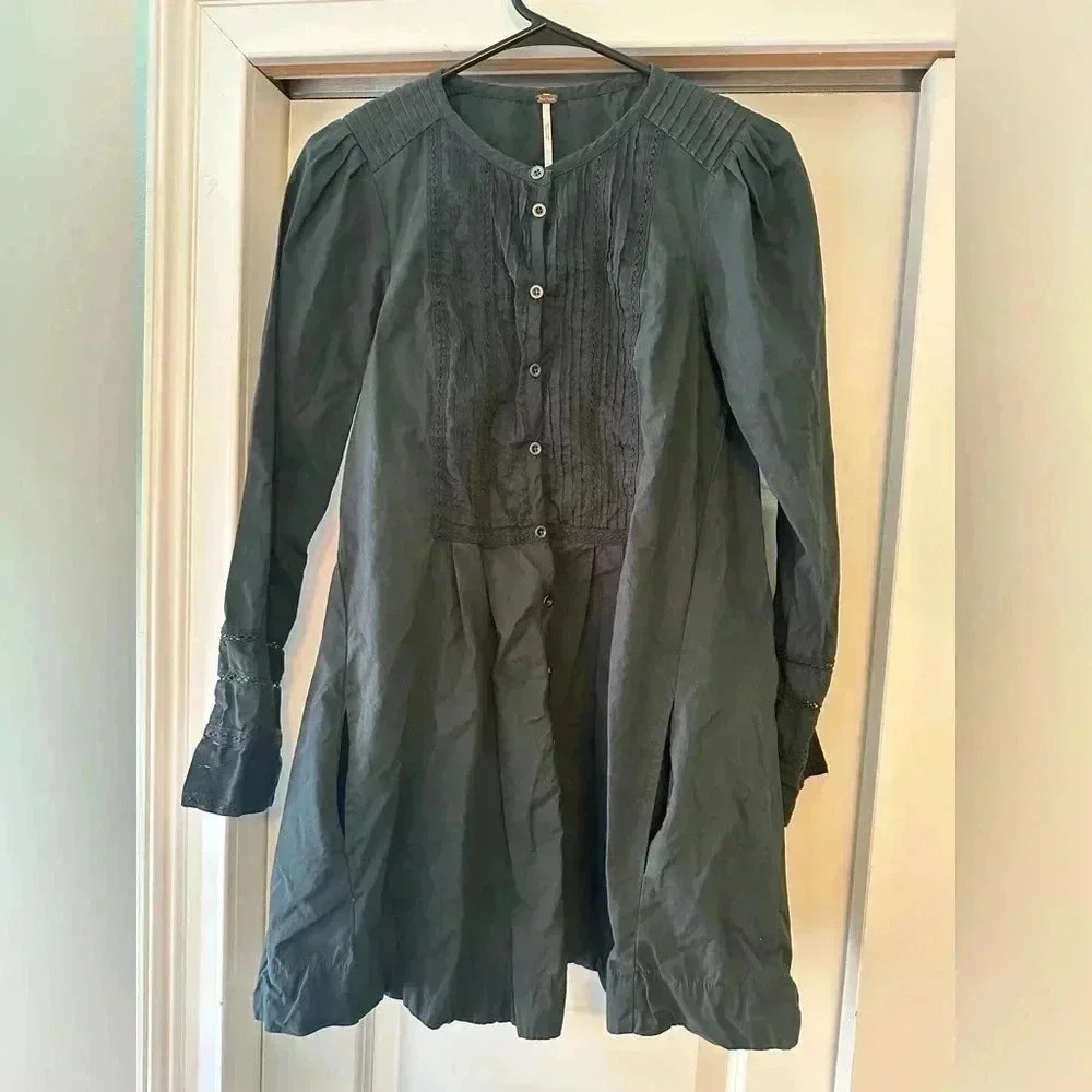 Free People Your Girl Green Tunic Top/ Dress Long Sleeve Size Large Pockets Lace